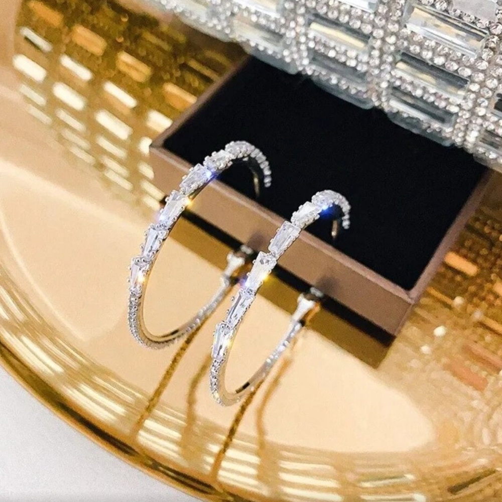 White Sapphire Silver 2” Hoop Earrings 925